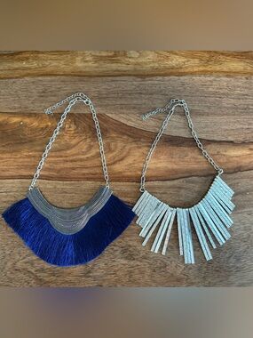 Lot of 2 - Paparazzi Necklaces - Silver-Tone Bib w Navy Fringe & Spangles
